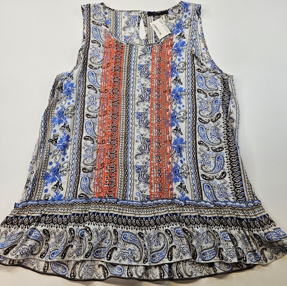 THML Women's Ruffle Top Sleeveless Blouse Size Medium Blue Red NWT